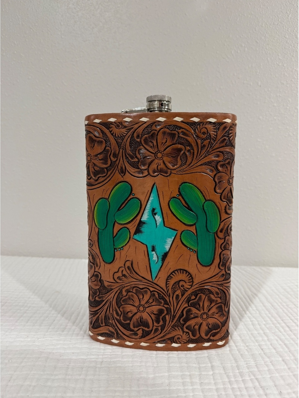 64 Oz Stainless Steel Giant Flask Tooled Leather Western Cactus Lightning Bolt